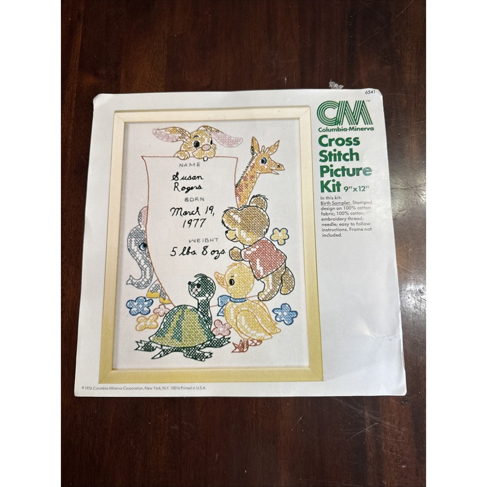 Vtg 70s Cross Stitch Kit Baby Annoucement Columbia Minerva Cute Animal Unused - Picture 2 of 4